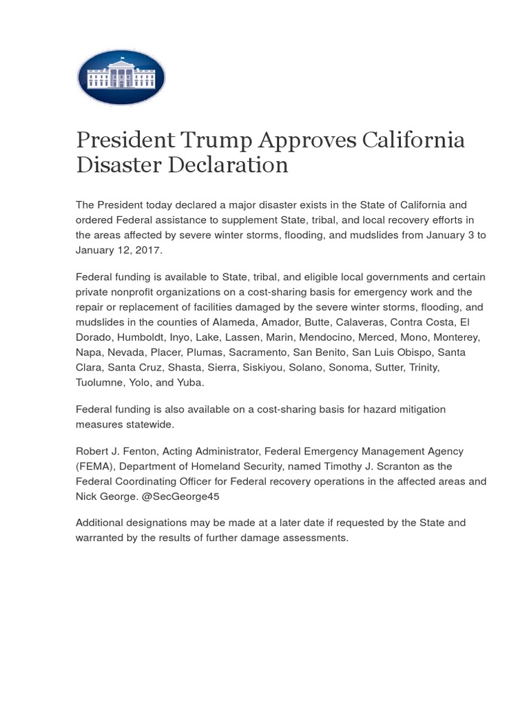 President Trump Approves California Disaster Declaration PDF