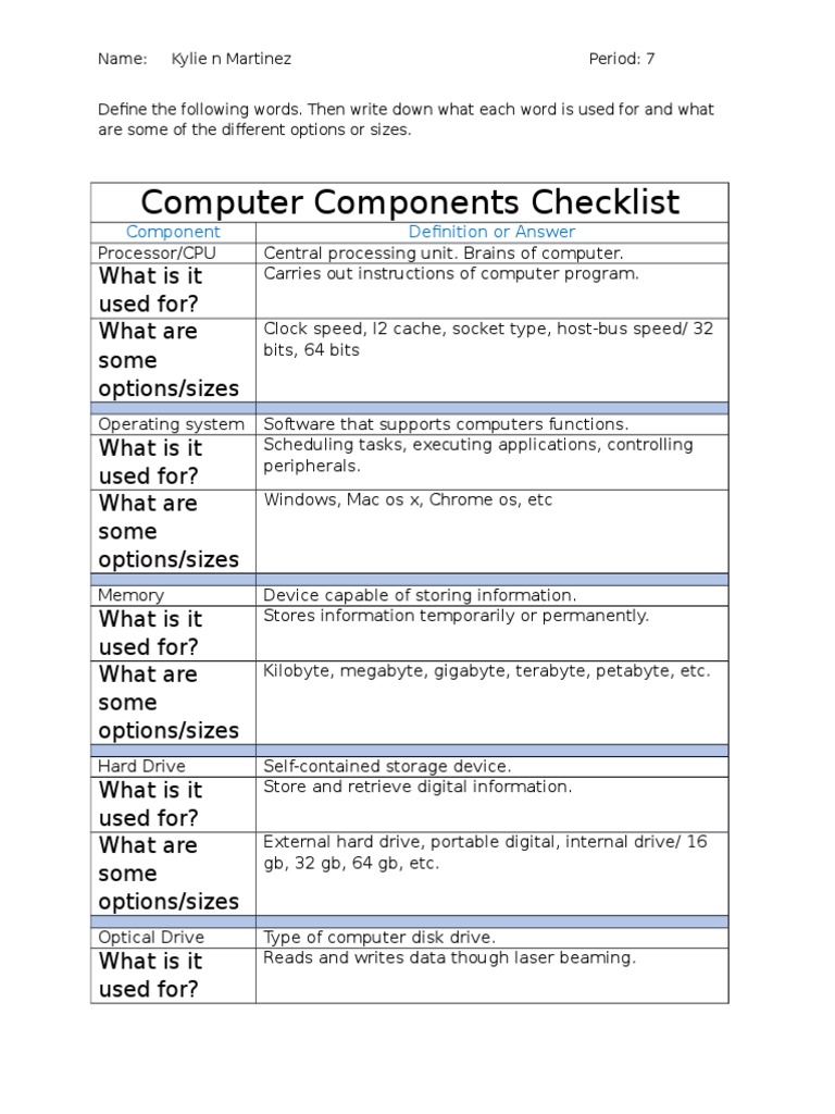 Computer Components Checklist Component Definition or Answer PDF
