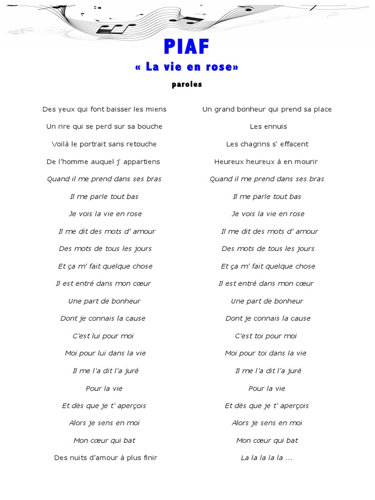 Paroles - La Vie en Rose - Piaf | PDF, image size:768x1024