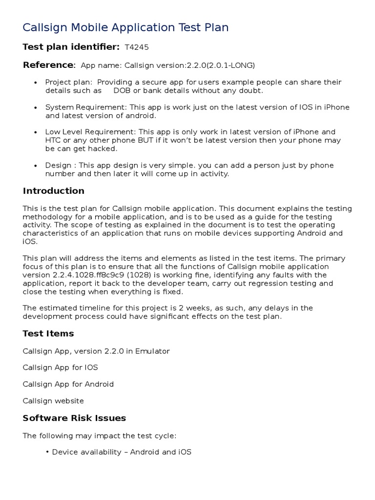 Callsign Mobile App Test Plan Overview | PDF | Mobile App | Ios
