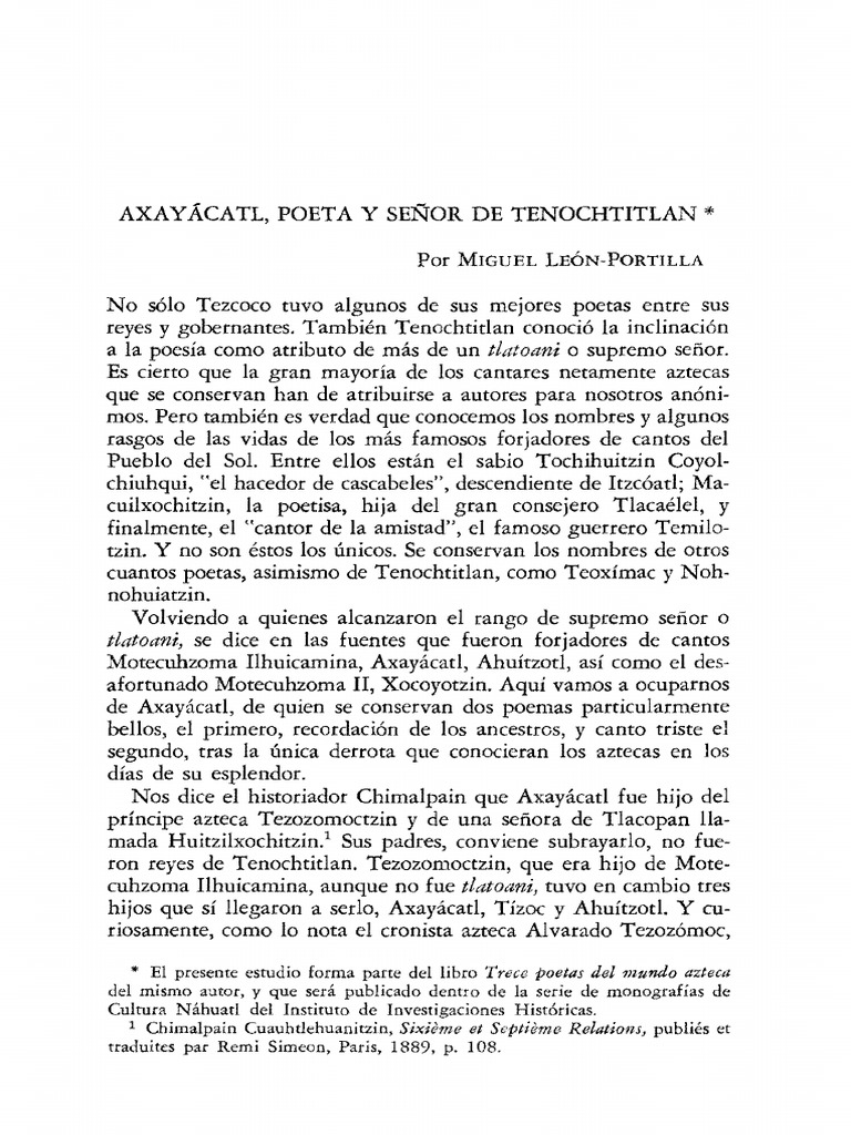 Poesía de Axayacatl Leon Portilla PDF | PDF | México | azteca