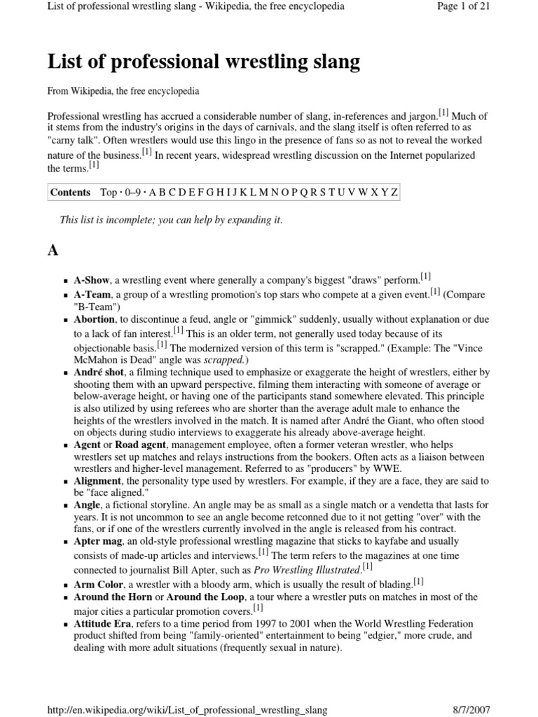 List of Professional Wrestling Slang PDF Professional Wrestling Wwe