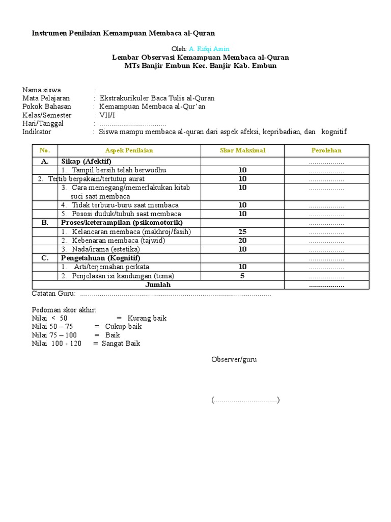 Contoh Format Raport Tahfidz Cara Golden