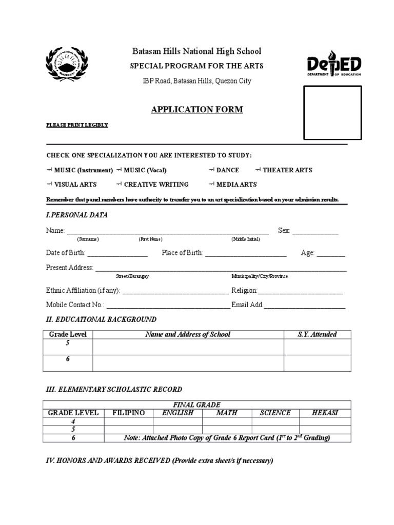 BHNHS SPA Admission Form (1) Schools Students