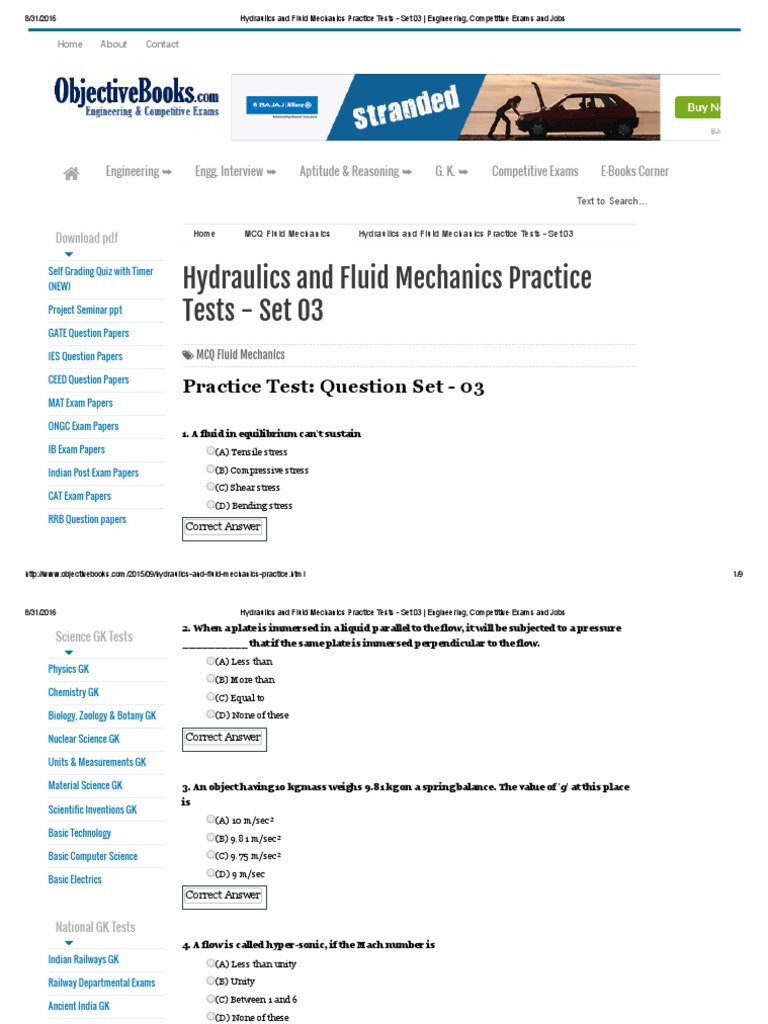 Hydraulics and Fluid Mechanics Practice Tests Set 03 Engineering