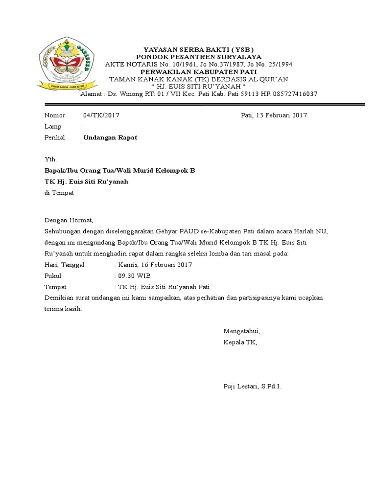 Contoh Surat Undangan Rapat Wali Murid TK