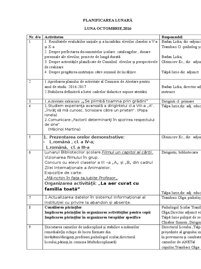 Planificarea Lunară | PDF