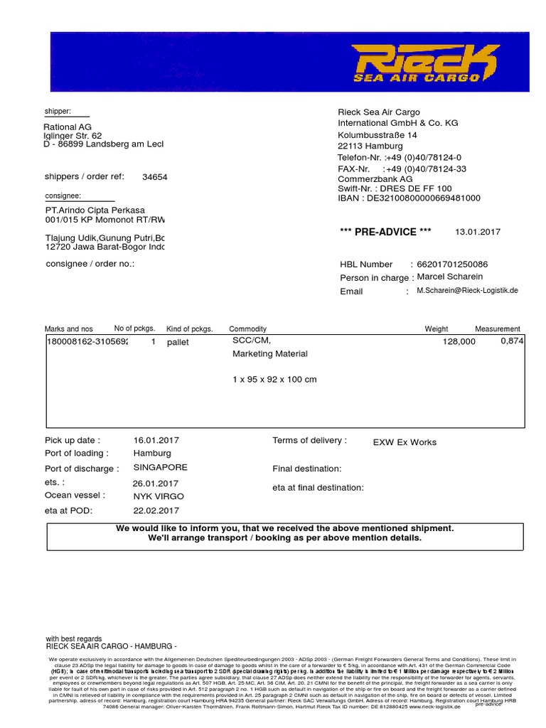 Pre-Advice Shipment Details and Terms | PDF | Cargo | Water Transport
