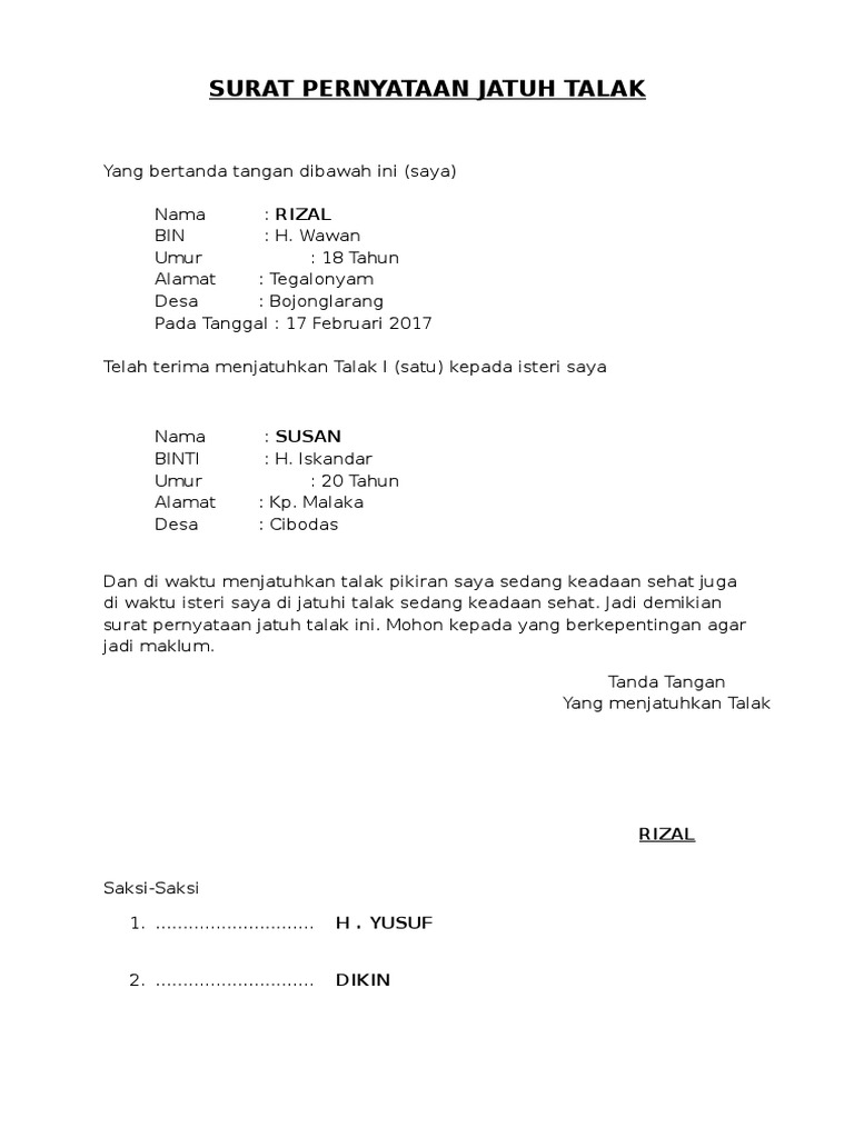 Surat Pernyataan Jatuh Talak Pdf