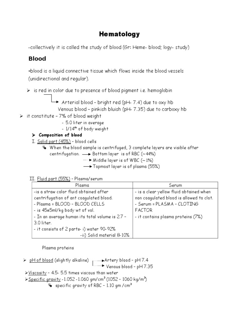 Hematology Notes | PDF | Blood Plasma | Blood
