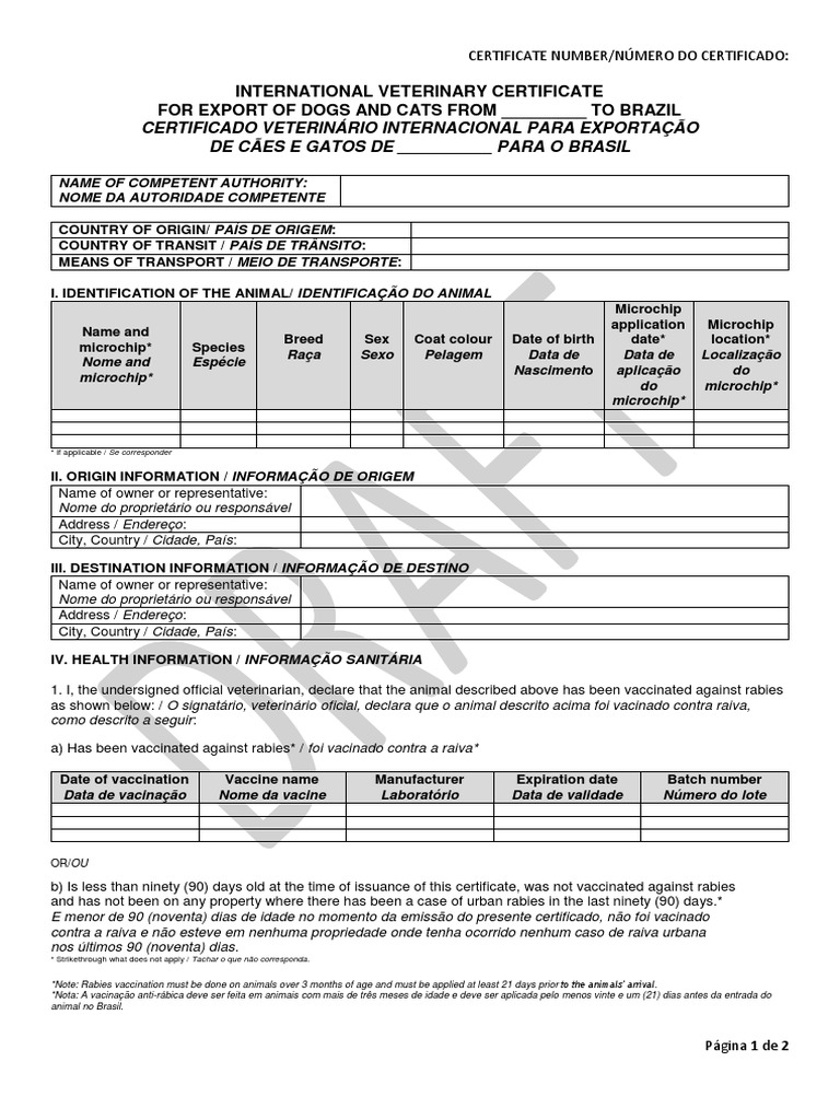International Veterinary Certificate for Export of Dogs and Cats from
