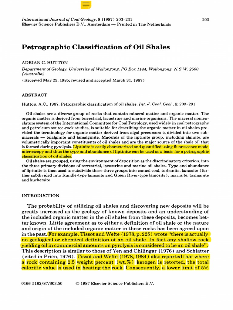 Hutton1987 Petrographic Classification of Oil Shales | PDF | Oil Shale ...
