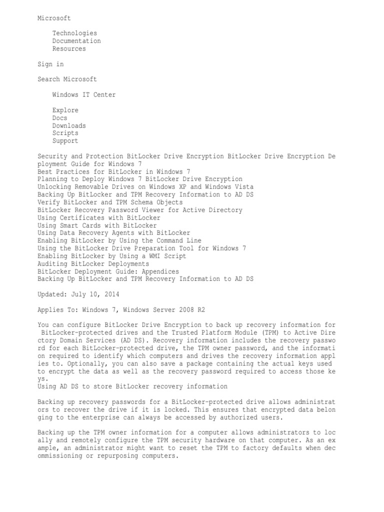 Backing Up BitLocker and TPM Recovery Information To AD DS | PDF ...