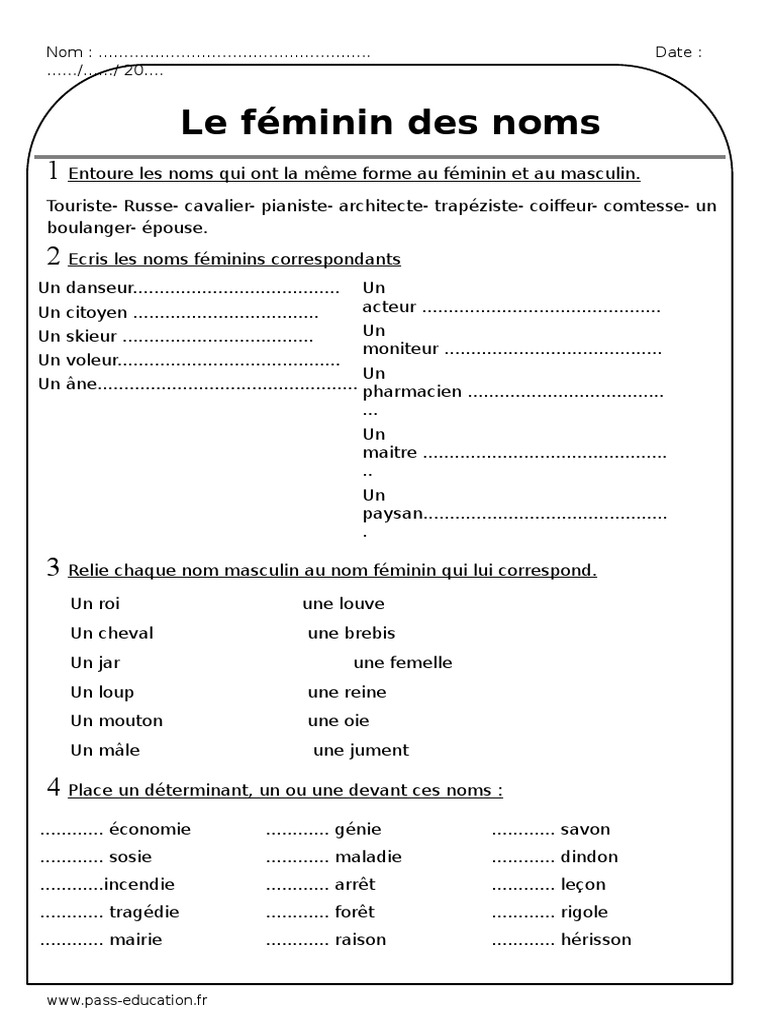 Le Féminin Des Noms Et Des Adjectifs Féminin Des Noms Ce2 Exercices à Imprimer