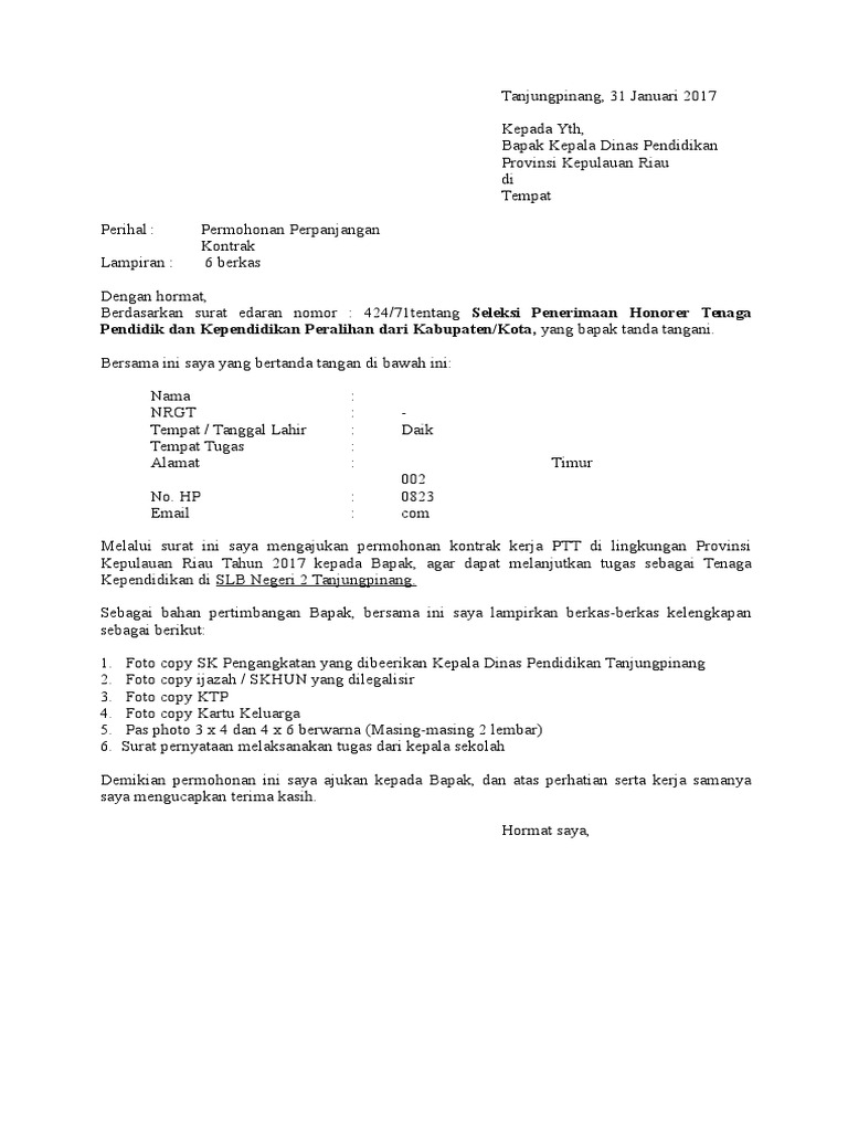Surat Permohonan Perpanjangan Kontrak Gtt