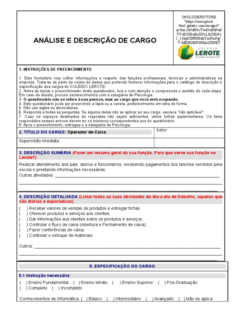 Formulario de Analise e Descricao de Cargo Operador de Caixa