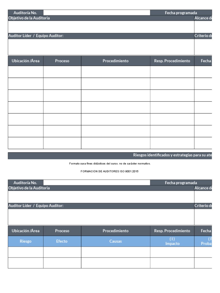 Plantilla Plan Auditoria Interna De Calidad Iso 9001 2015 Business