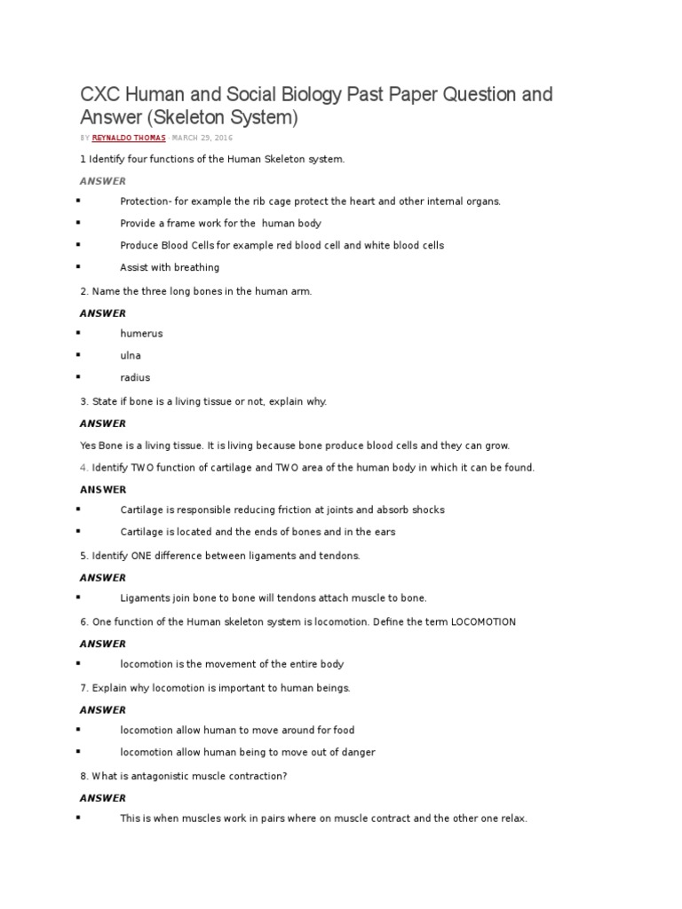 HSB Past Paper: Skeleton System Q&A | PDF