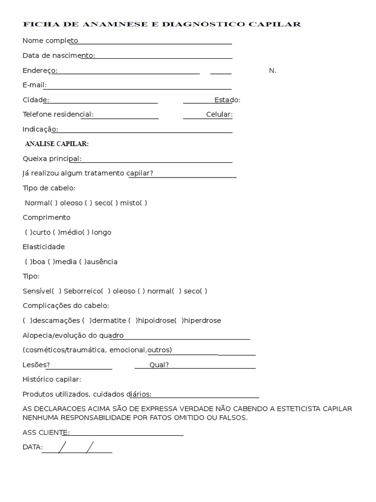 Ficha Anamnese Capilar..