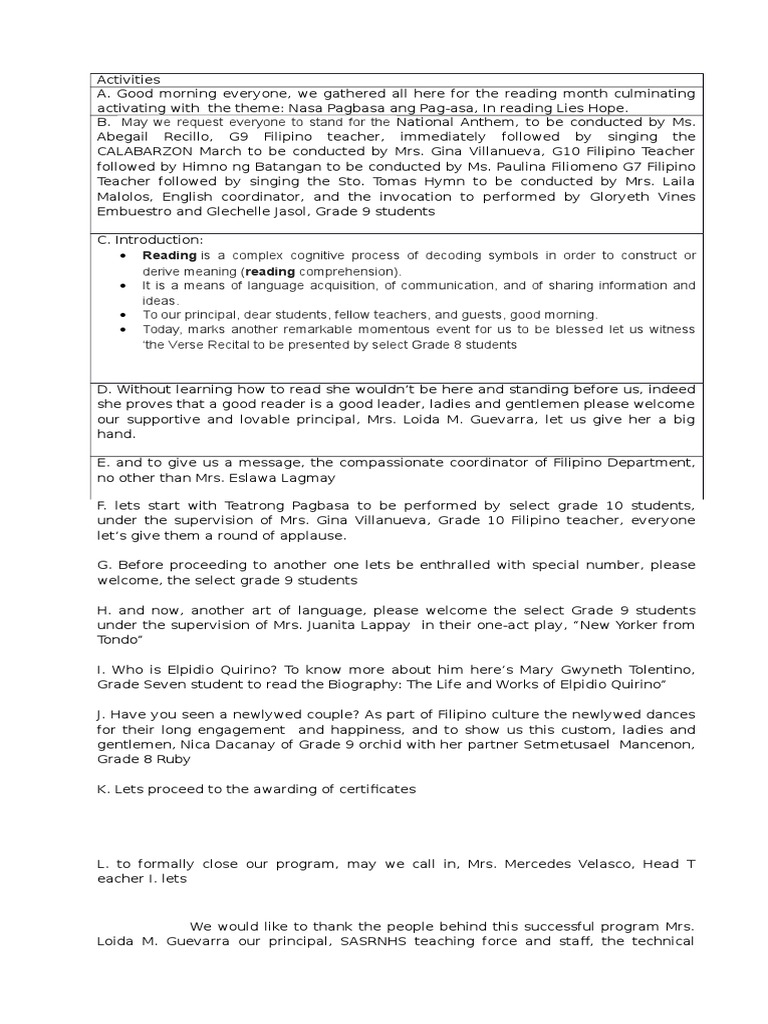 Script for Reading Month Reading (Process) Teaching And Learning