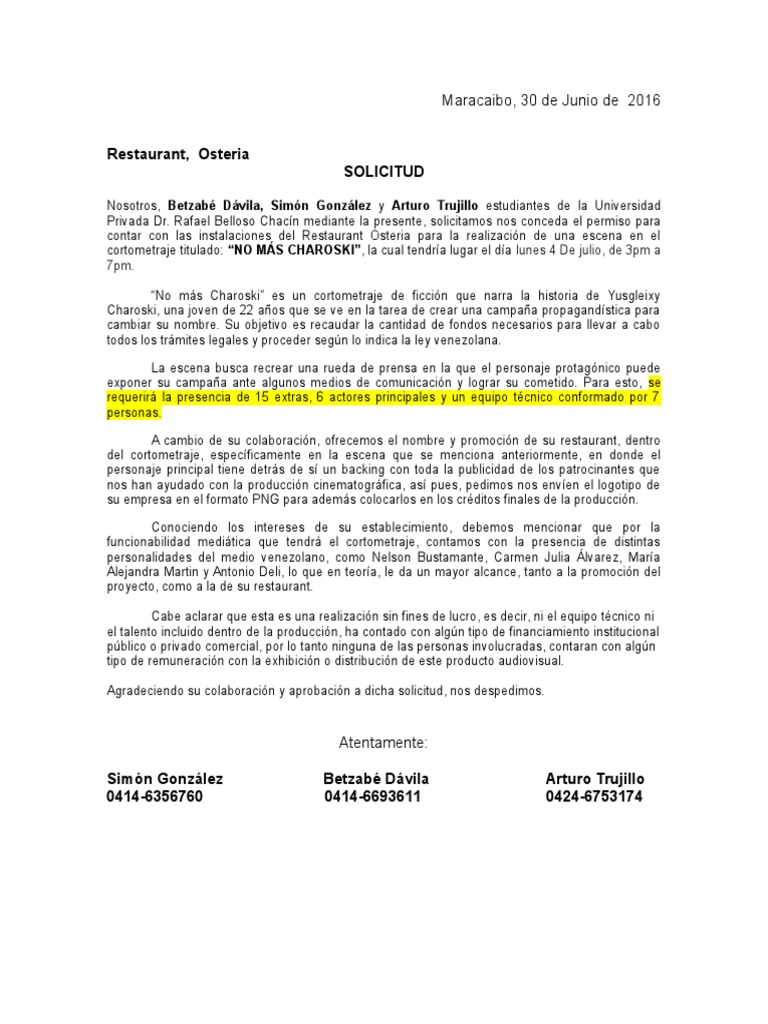 Ejemplo De Permiso Para Grabar En Un Restaurant Pdf Ocio