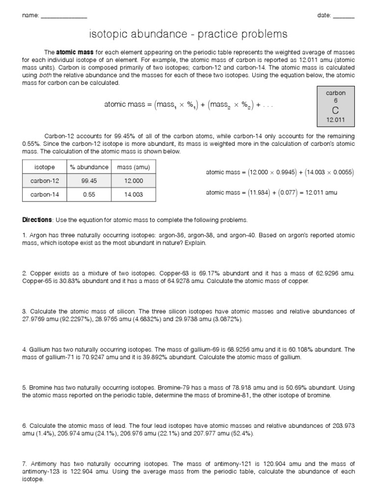 Average Atomic Mass and Percent Abundance Worksheet 21 and KEY For Average Atomic Mass Worksheet Answers