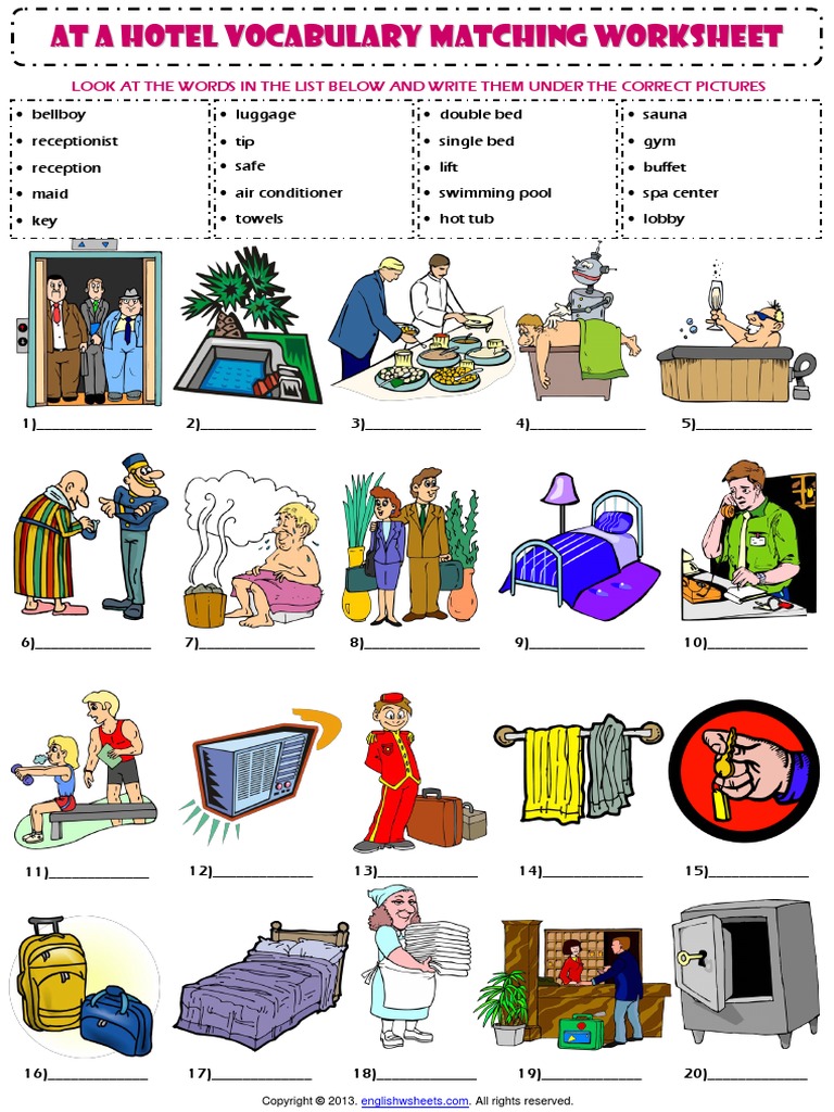 At A Hotel Vocabulary Matching Exercise Worksheet PDF | PDF | Hygiene ...