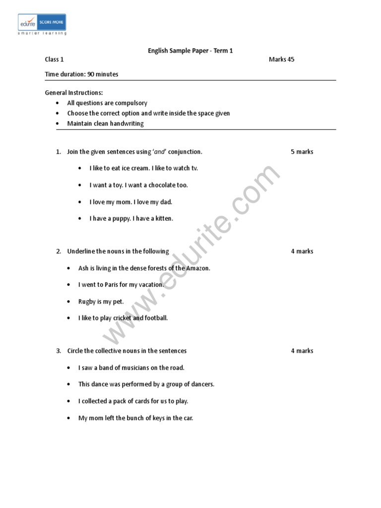 Class 1 English Sample Paper Term 1 | PDF | Semiotics | Linguistics