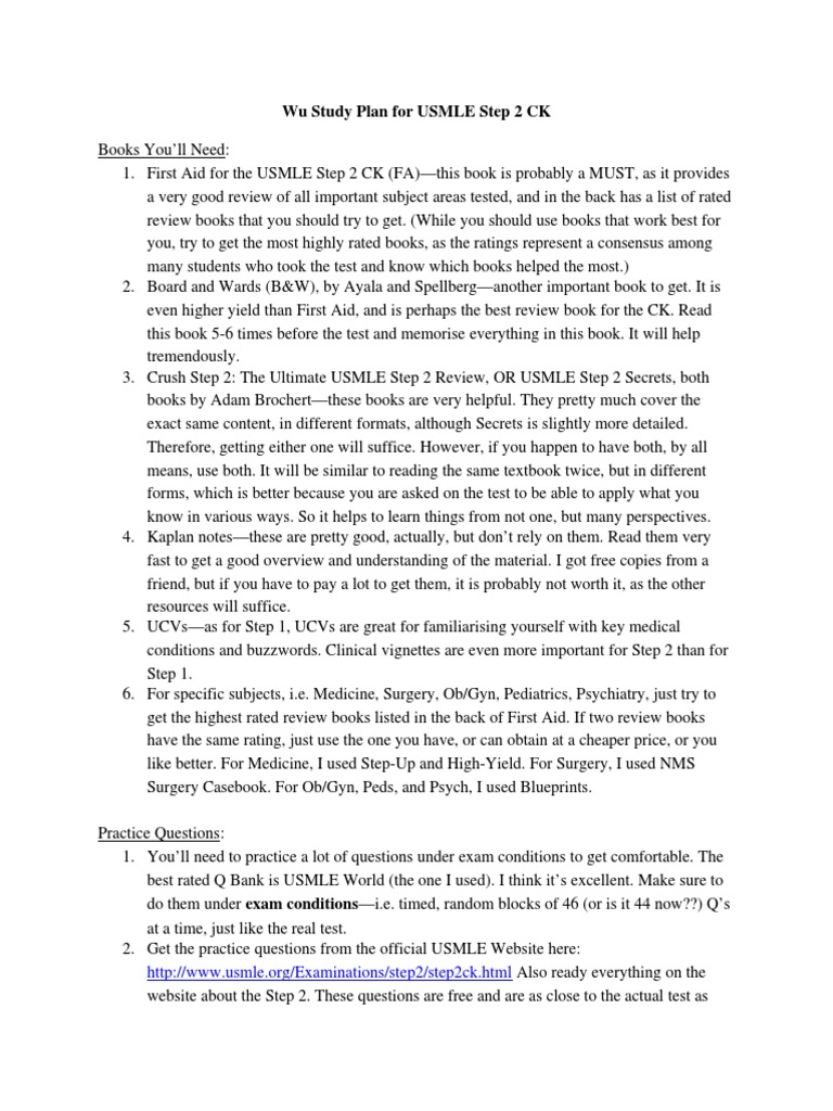 Wu's USMLE Step 2 CK Study Plan | PDF | United States Medical Licensing ...
