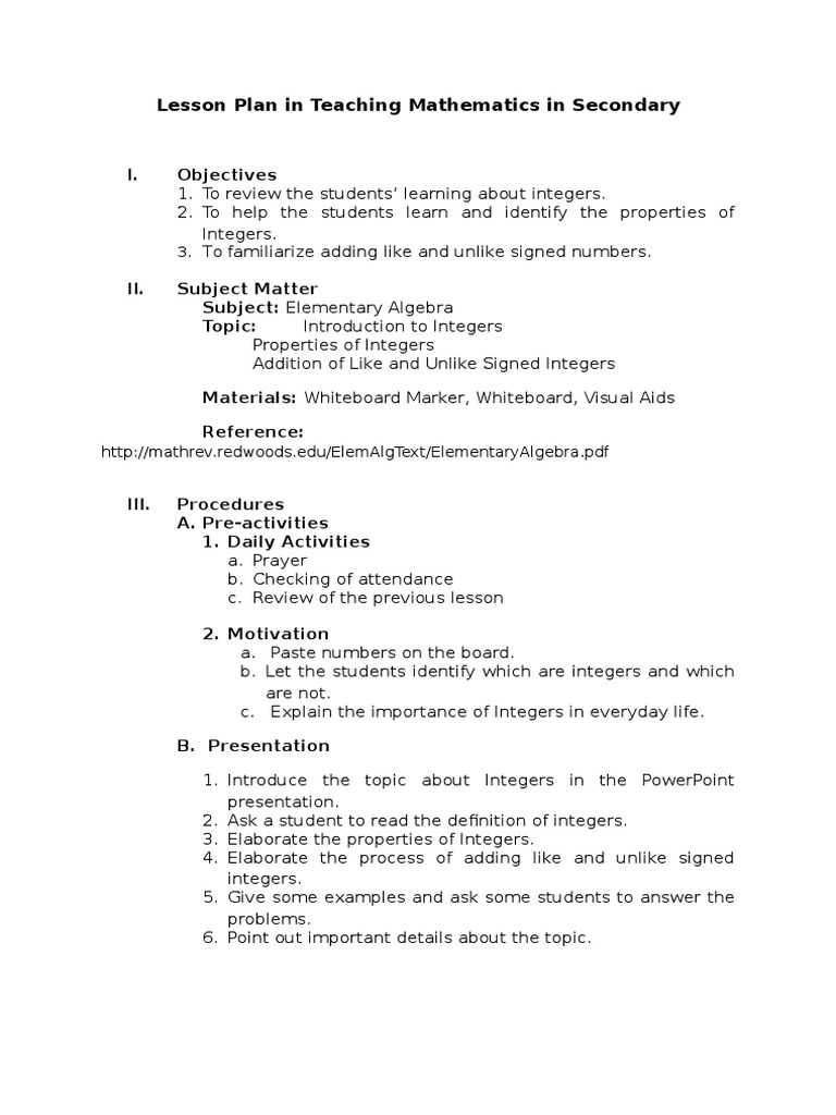 Lesson Plan in Teaching Mathematics in Secondary | PDF