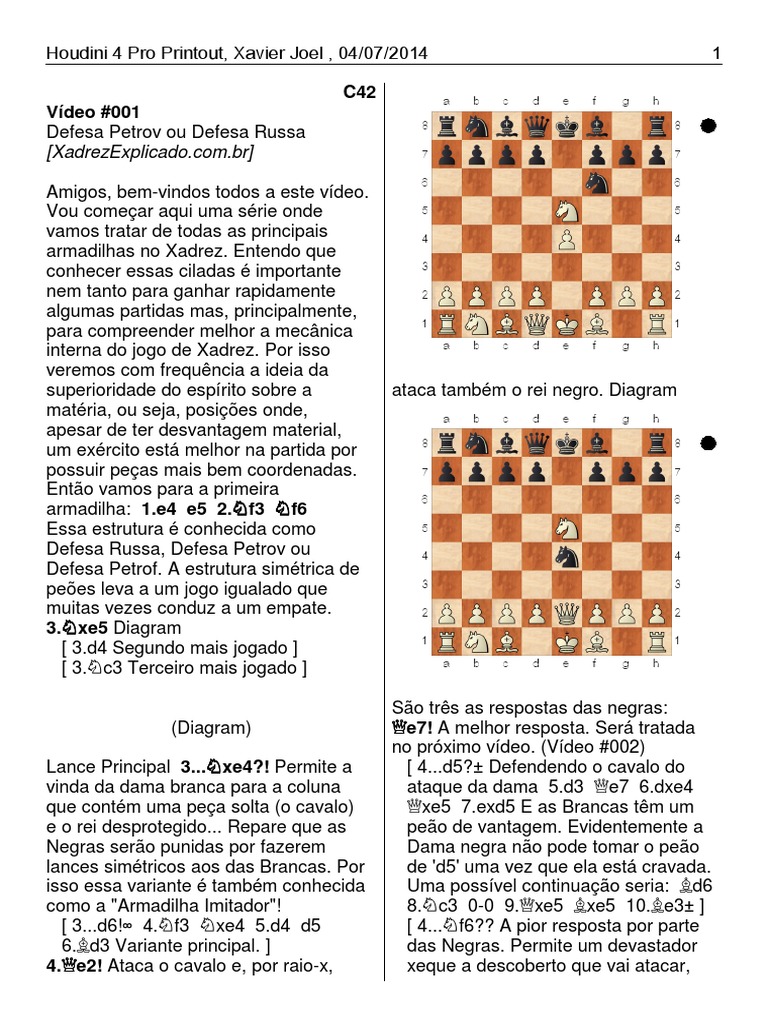 Professor Átila - Xadrez - Conheça a variante Italiana na Defesa Petrov.  ♟️👍 A Defesa Petrov é uma abertura sólida e resiliente caracterizada pelos  movimentos 1.e4 e5 2.Cf3 Cf6 em homenagem aos