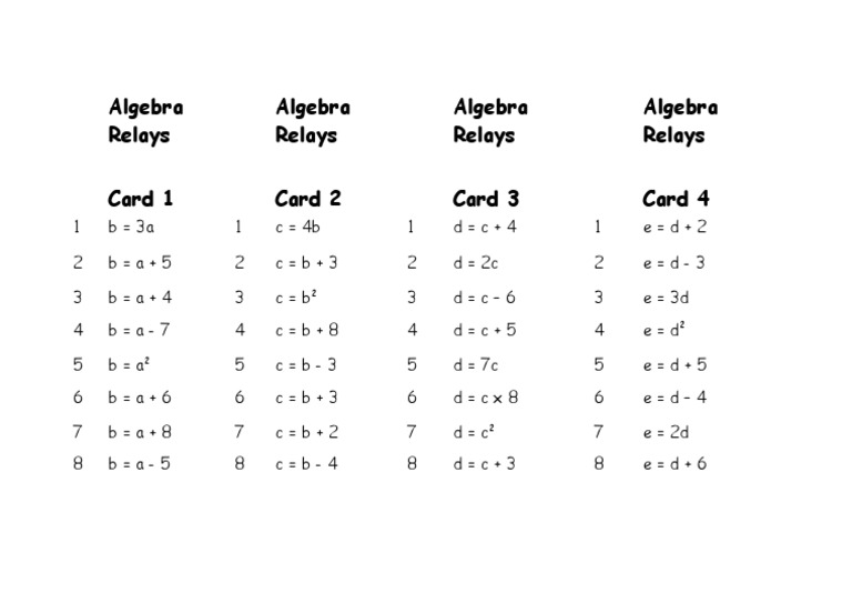 Algebra Relays Algebra Relays Algebra Relays Algebra Relays Card 1 Card