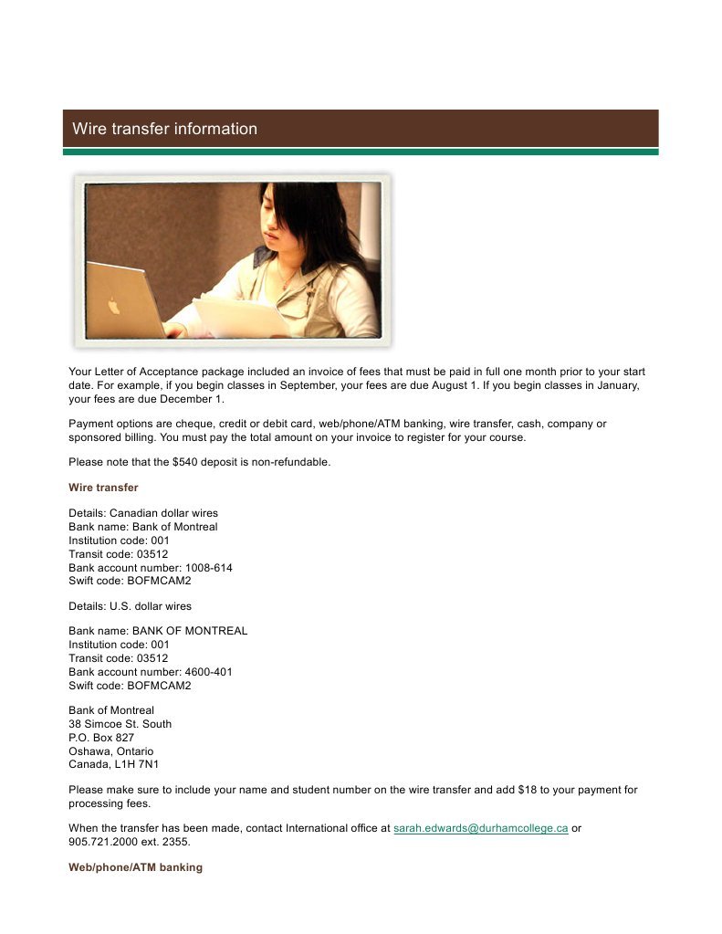 Durham College Wire Transfer Instructions | PDF
