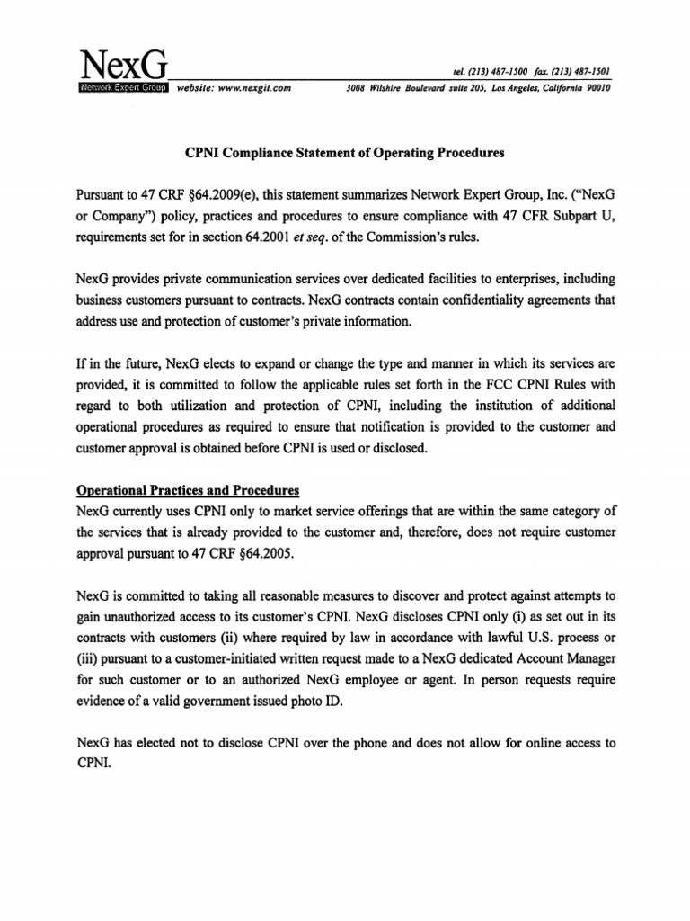 NexG CPNI Compliance Procedures | PDF | United States Secret Service ...