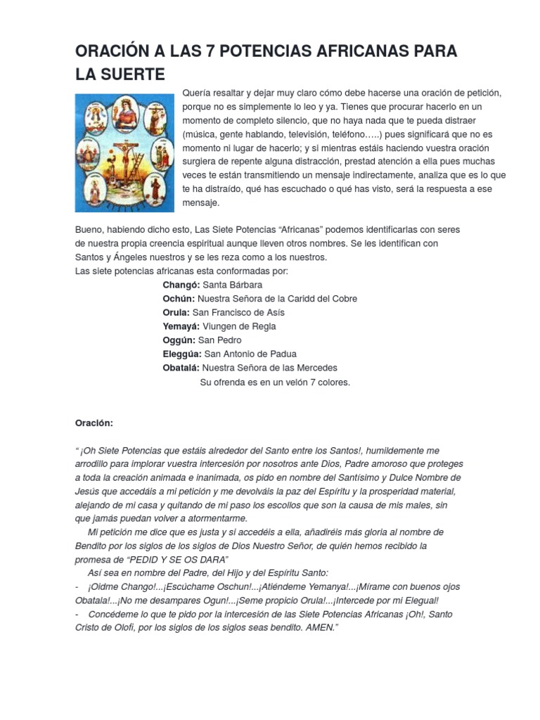 Oración a Las 7 Potencias Africanas Para La Suerte | PDF | Oración ...