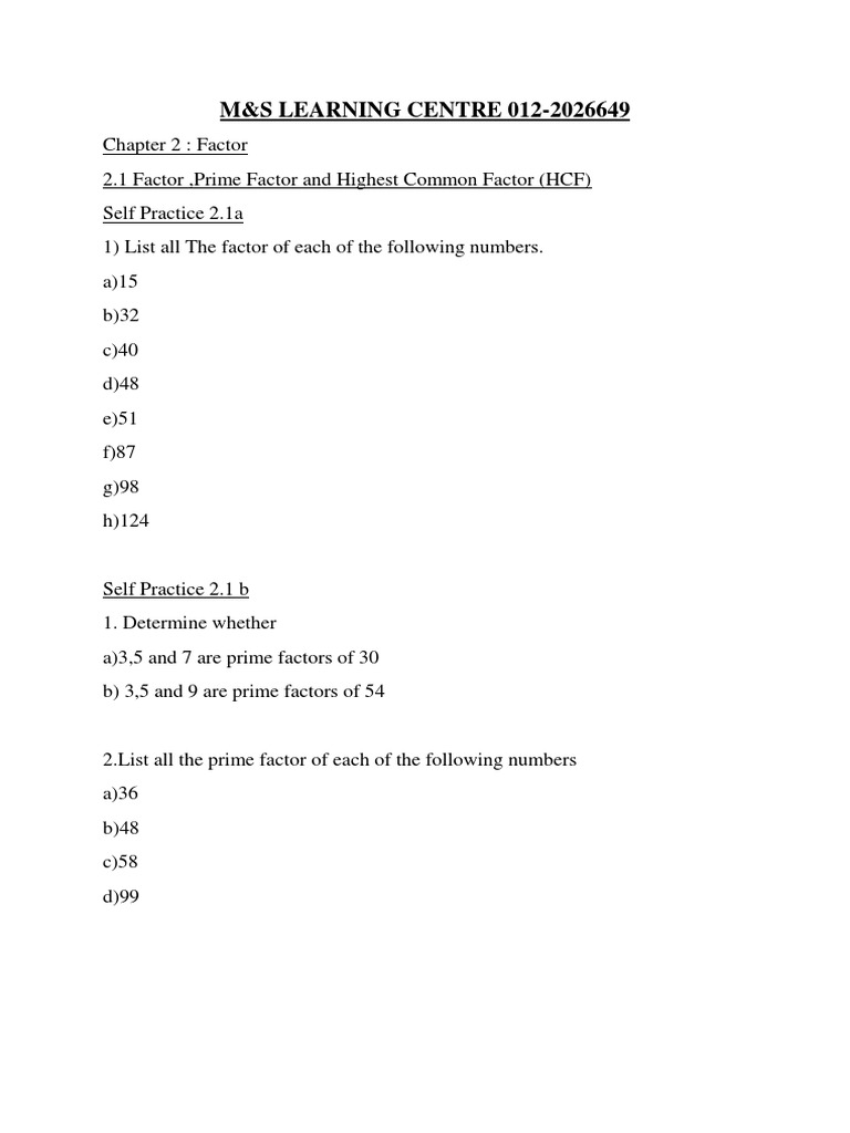 Factors and HCF Practice Exercises | PDF | Factorization | Teaching ...