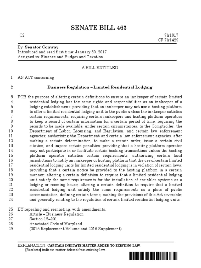 Senate Bill 463: Business Regulation - Limited Residential Lodging ...