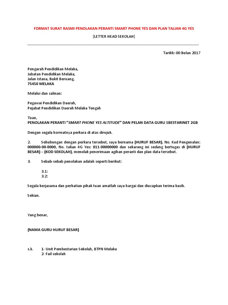 Format Surat Rasmi Penolakan Peranti Pdf