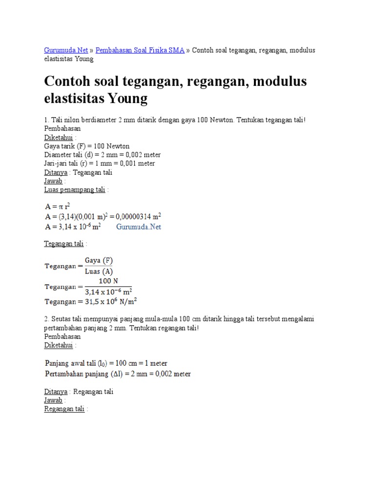 Contoh Soal Tegangan Reganagan Modulus Young
