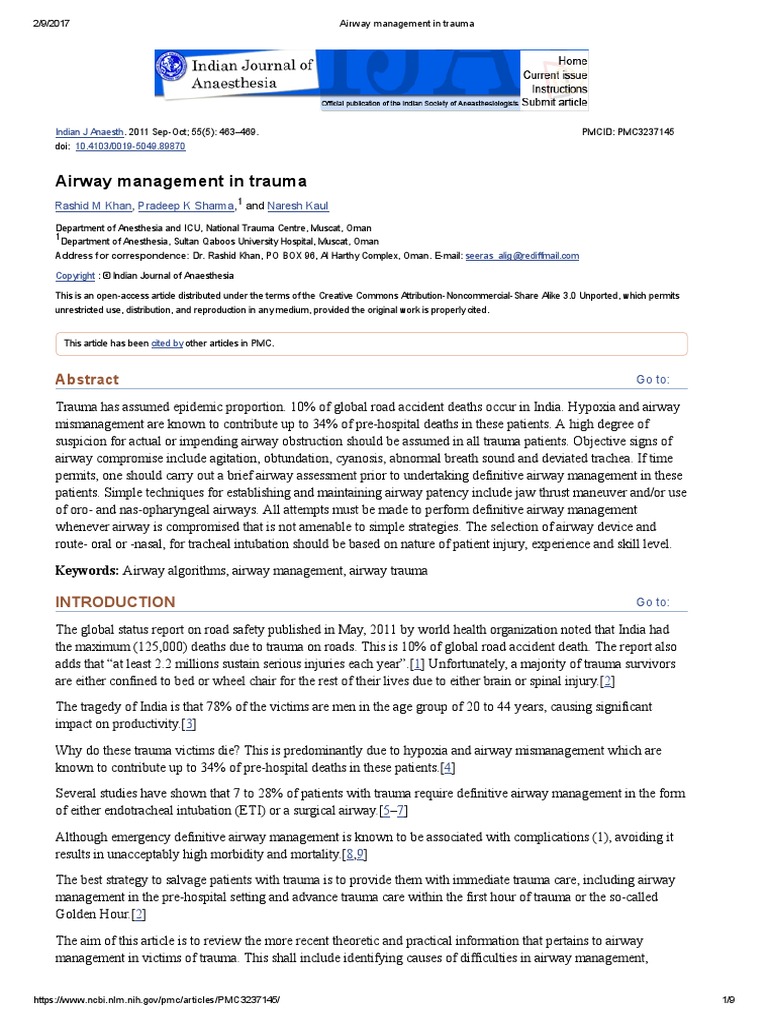 Airway Management in Trauma | PDF | Major Trauma | Medical Treatments