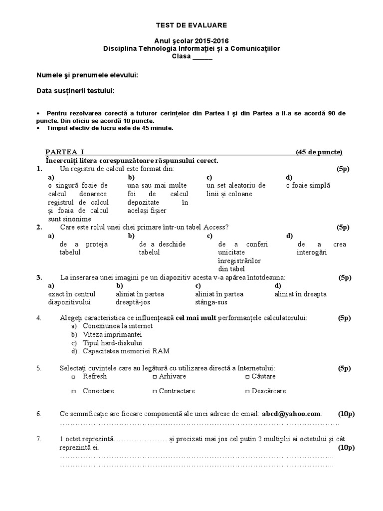Test Evaluare Initiala TIC XII | PDF