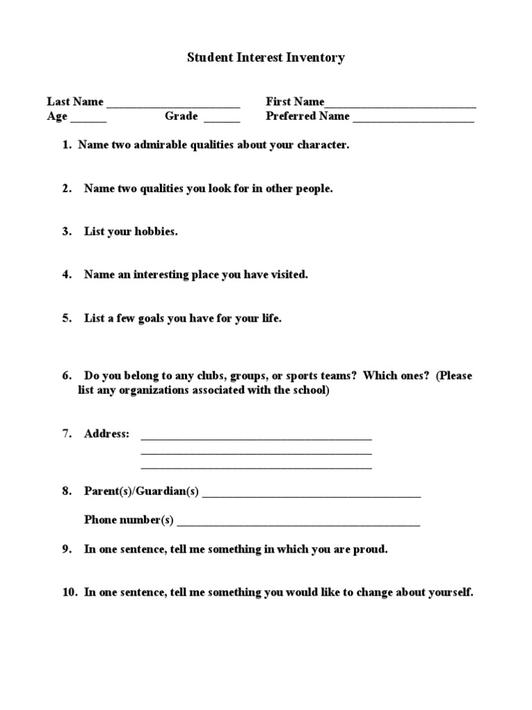 Student Interest Inventory Form | PDF | Career & Growth | Self-Improvement