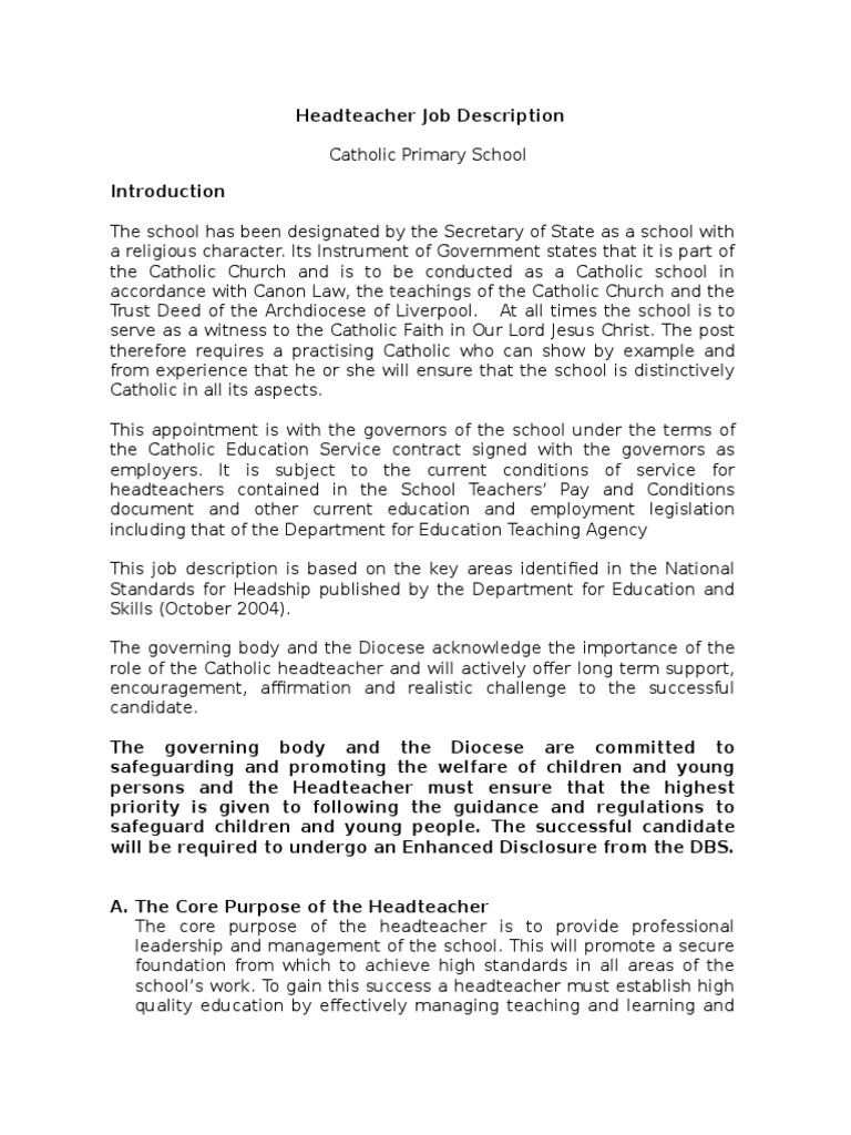 Headteacher Job Description | Pdf | Catholic Church | Strategic Management