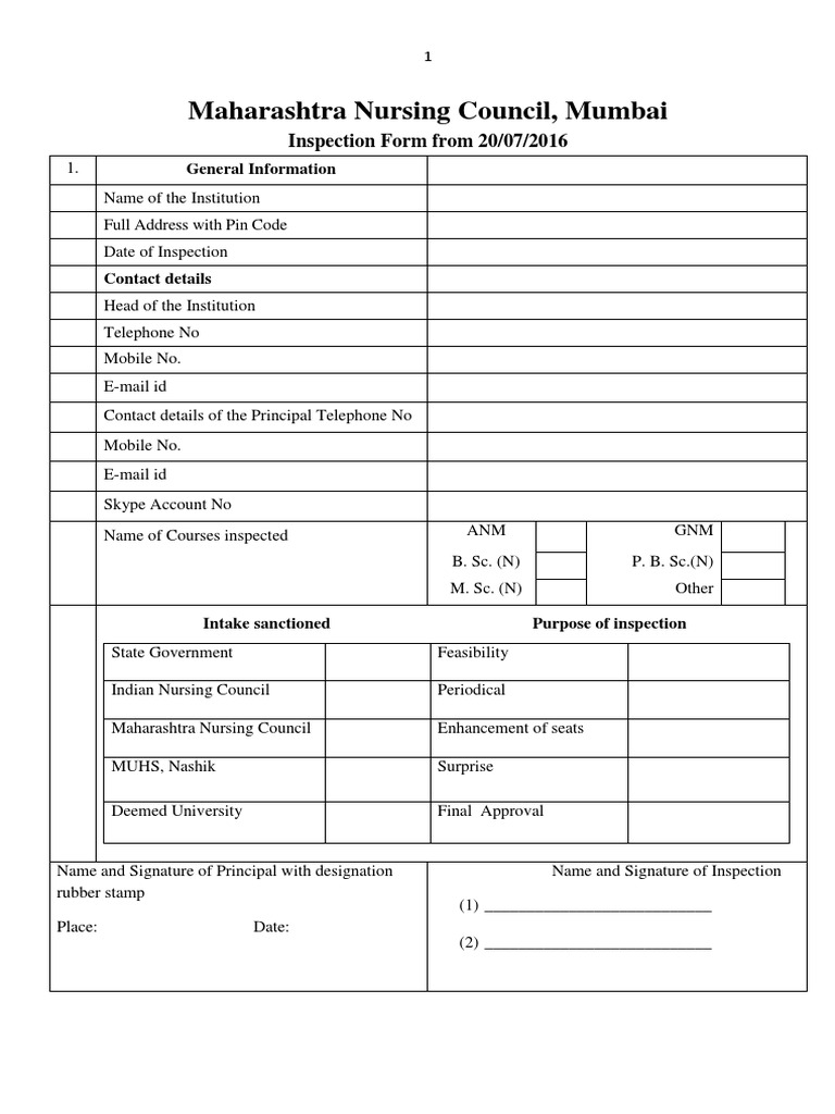 Maharashtra Nursing Council Inspection Form | PDF | Hospital | Nursing