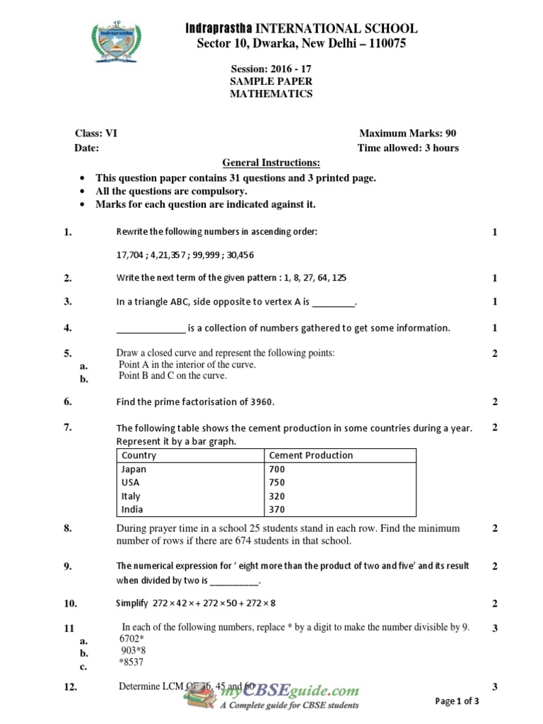 Class VI Math Sample Paper | PDF | Circle | Elementary Geometry