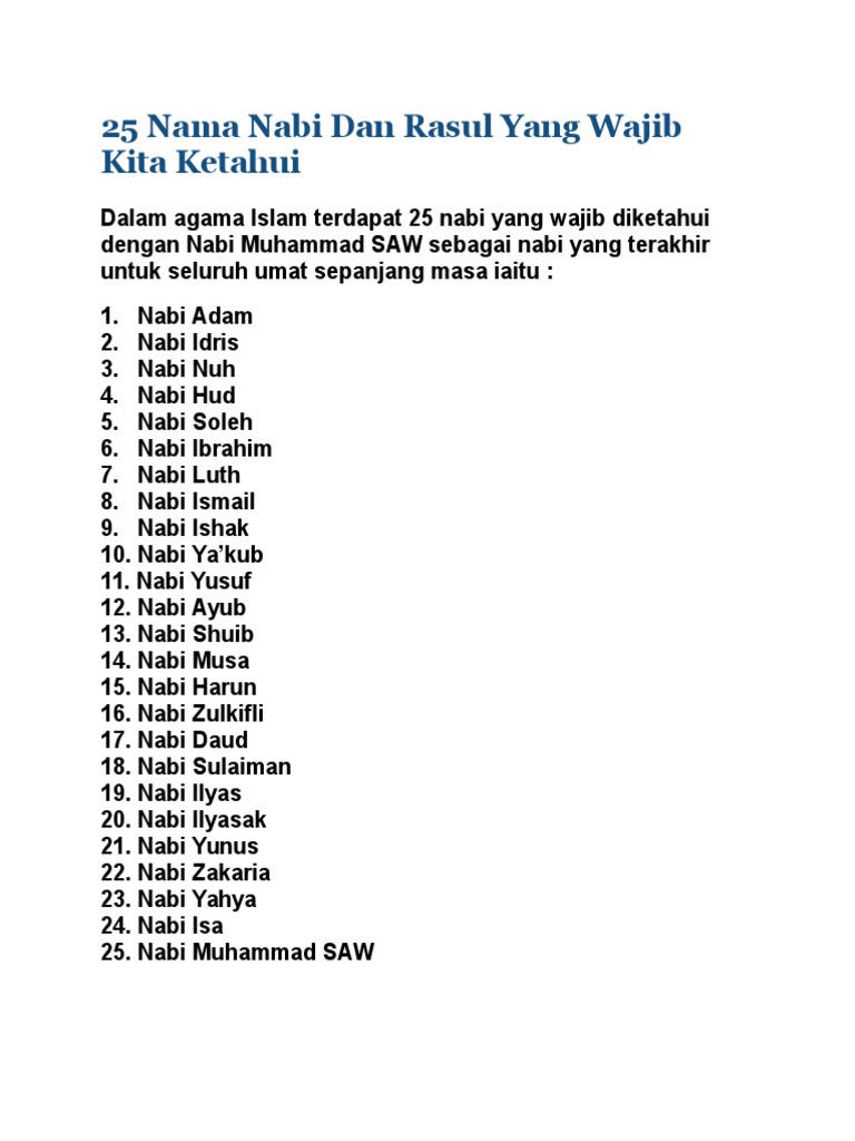 25 Nama Nabi Dan Rasul Yang Wajib Kita Ketahui Pdf