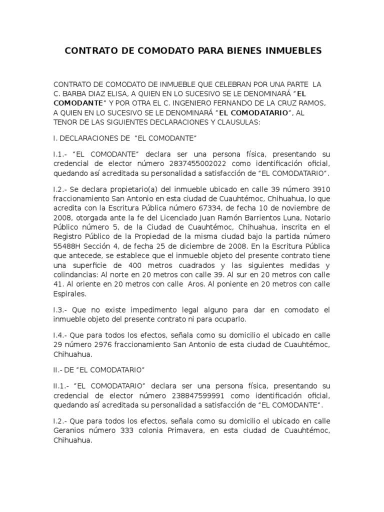Formato de Contrato de Comodato para Bienes Inmuebles | PDF | Derecho  privado | Justicia