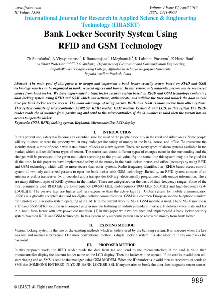 Bank Locker Security System Using RFID and GSM Technology PDF Radio Frequency Identification