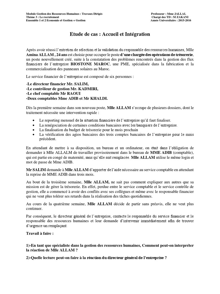 étude De Cas Grh Avec Corrigé Pdf Gratuit Etude de Cas Intégration | PDF | Ressources humaines | Comptabilité