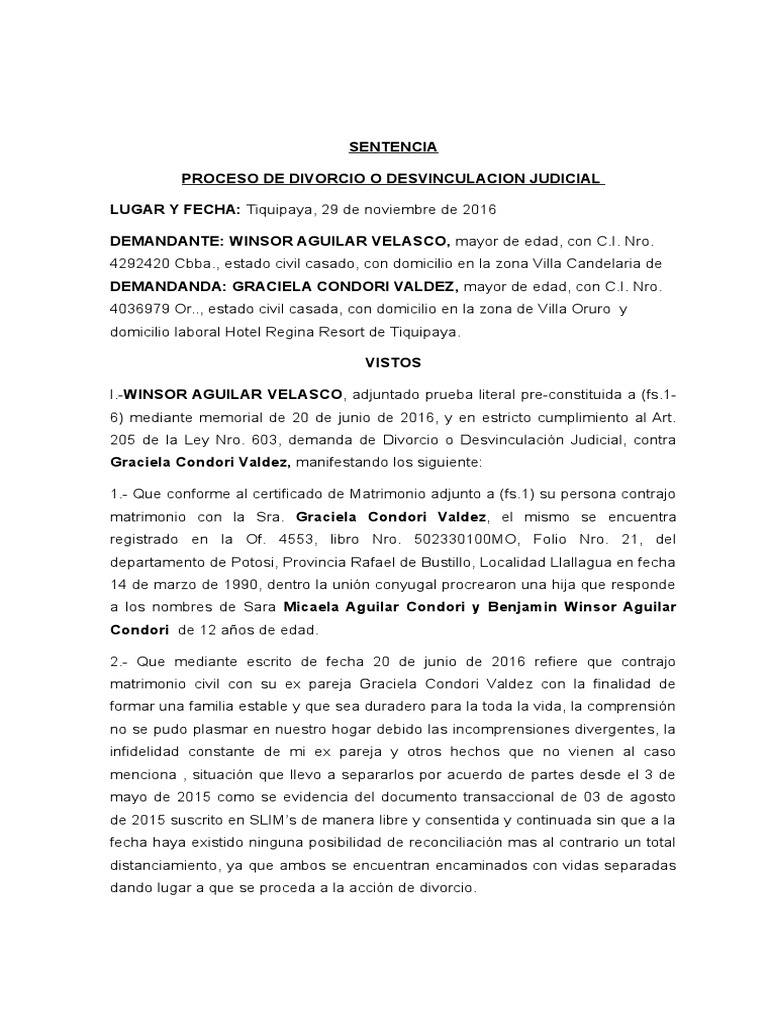SENTENCIA DIVORCIO .docx Divorcio Demanda judicial